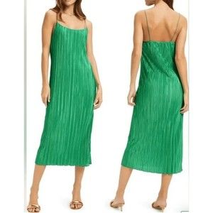 Good American Always Fits Green Plisse Slip Dress size 3-4 Midi pleat MSRP $140